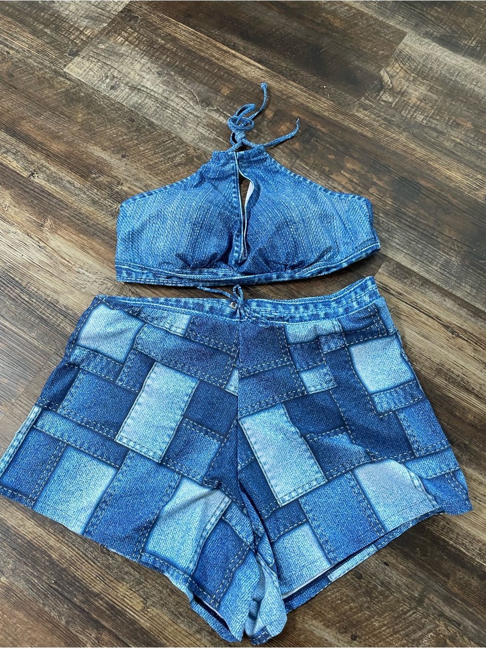 Blue Patchwork Denim-Print Women’s Shorts — Brand Unknown